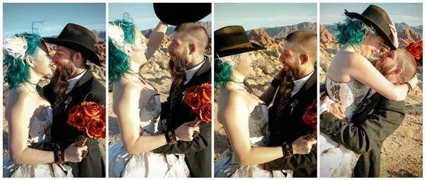 Steampunk couple on wedding day, bride stealing groom's hat