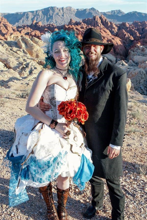 Smiling bride and groom