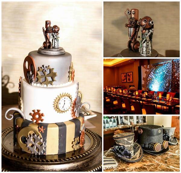 Steampunk wedding cake, cake toppers and venue decorations