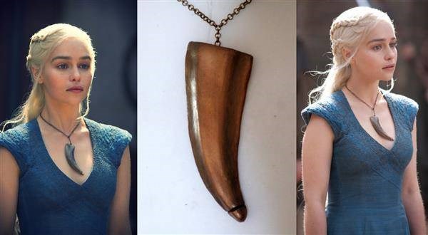 Dragon claw necklace closeup and stills of original being worn in the Game Of Thrones TV series