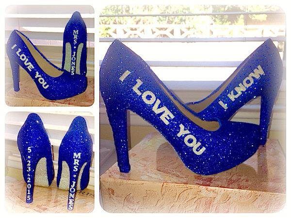 Blue sparkly Star Wars inspired shoes with the words I Love You & I Know on them.