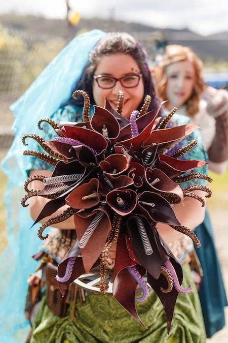 Steampunk bridal bouquet with leather and tentacles