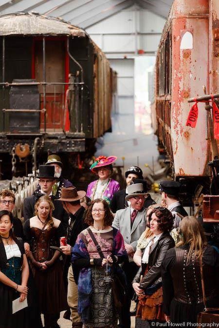 Guests at a Steampunk themed wedding.