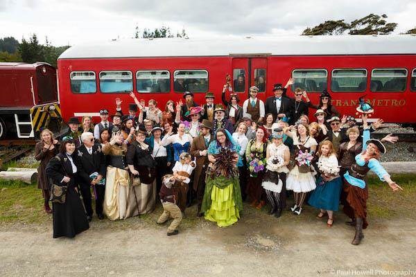 Steampunk wedding group photo by Paul Howell