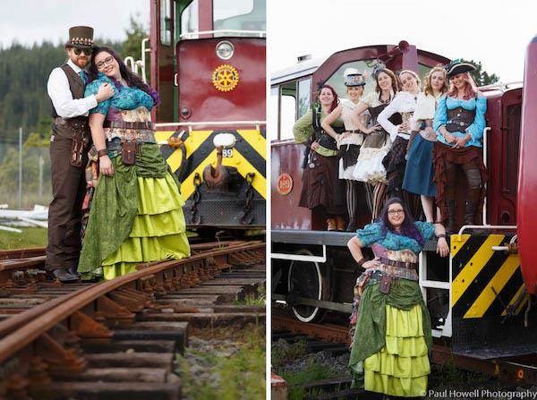 Steampunk groom, bride and bridesmaids.