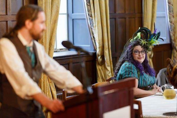 Steampunk bride at wedding reception.