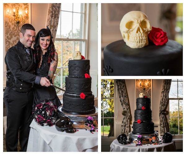 Gothic wedding cake with skull caketopper for a Halloween wedding