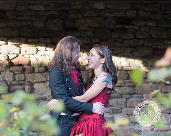 Happy couple enjoying their Gothic wedding day!