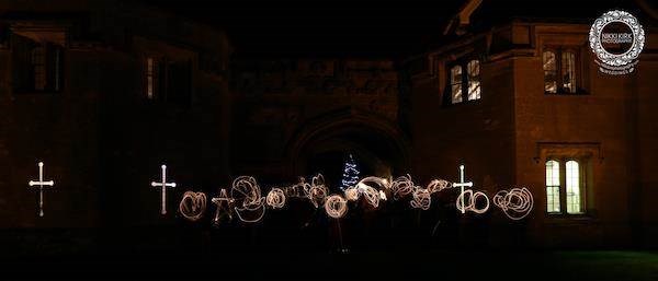 Wedding photography by Nikki Kirk. Night time sparklers at Thornbury Castle.