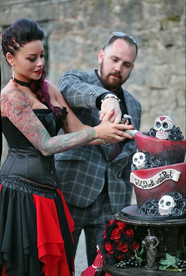 Caz and Grant s Red Black Wedding with Tim Burton Inspired Cake