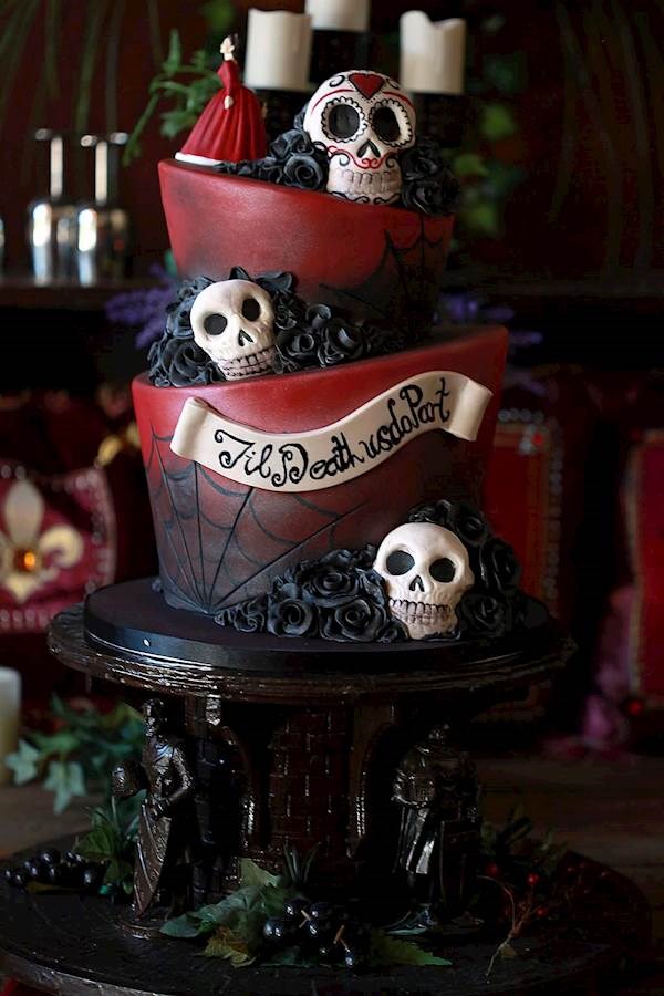 Red And Black Wedding Cake With Peony - CakeCentral.com