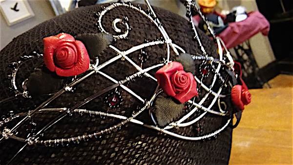 Headpiece from Grin, Grimace & Squeak, with roses from Mr Charles The Leathersmith