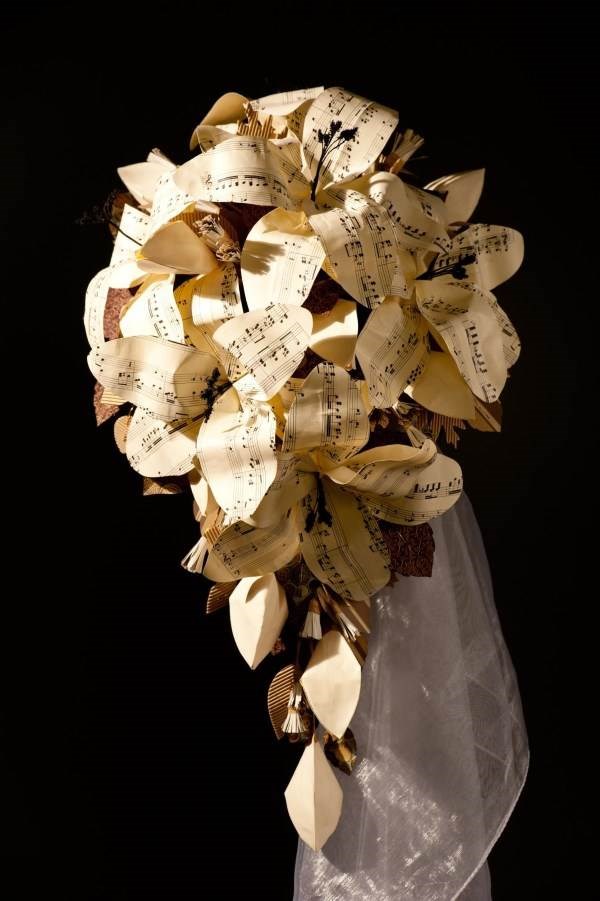 Sheet music, paper lily bridal bouquet. (H2 Photography)