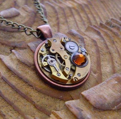 Unique Steampunk Necklace With Antique Pocket Watch Movement and Smoked Topaz Swarovski Crystal