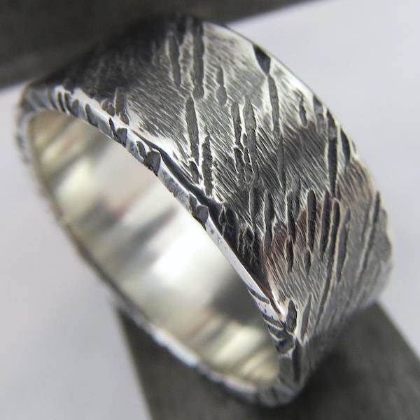 Unusual line texture oxidised Silver wedding ring