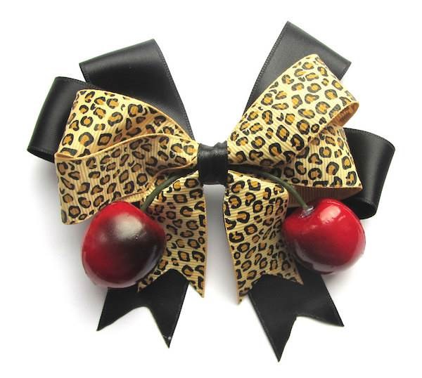 Leopard print and cherry rockabilly hair bow by Dolly Cool